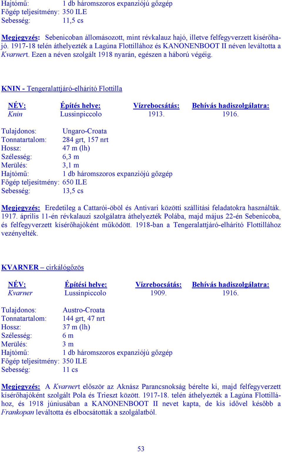 KNIN - Tengeralattjáró-elhárító Flottilla NÉV: Építés helye: Vízrebocsátás: Behívás hadiszolgálatra: Knin Lussinpiccolo 1913. 1916.