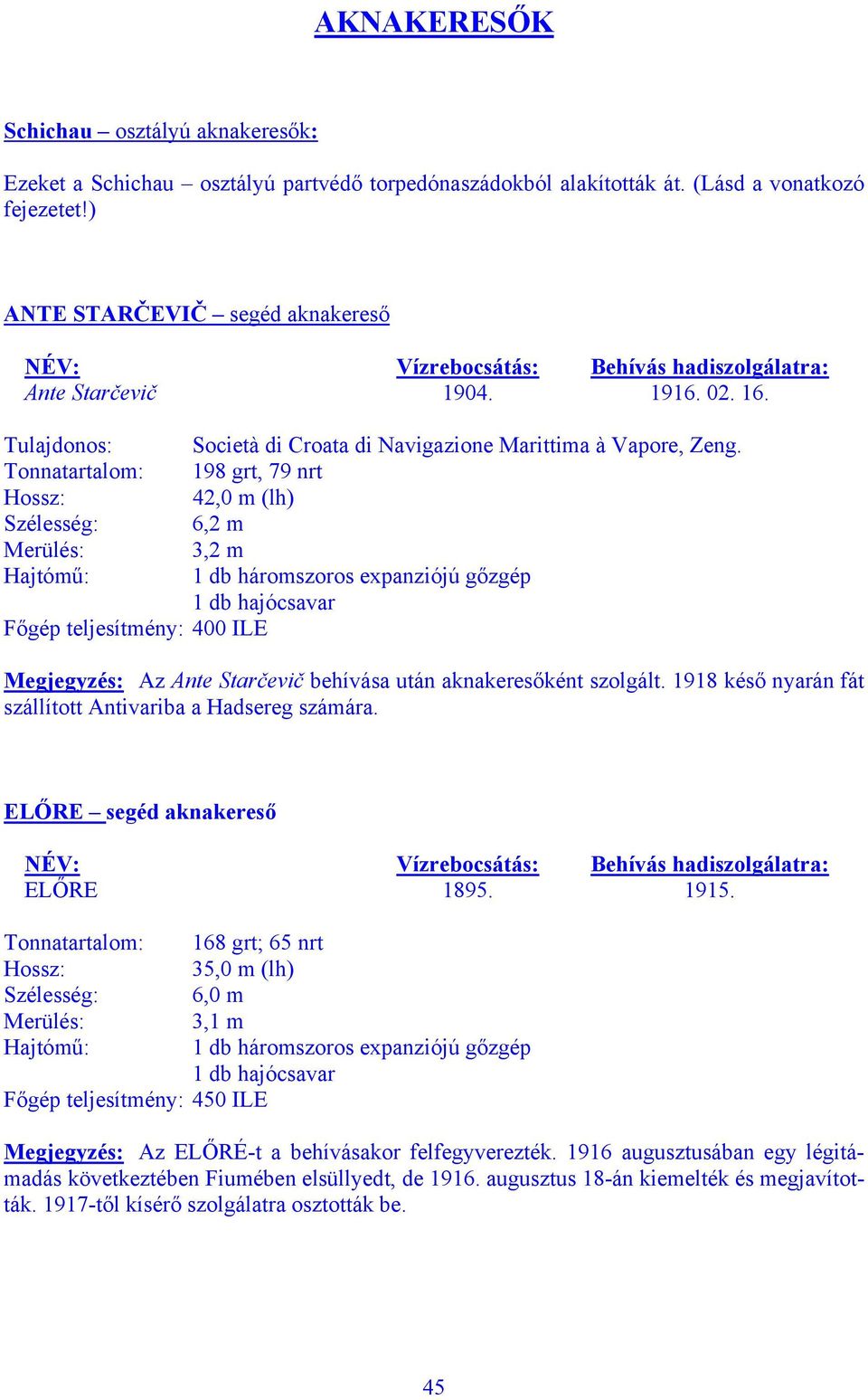 Tonnatartalom: 198 grt, 79 nrt 42,0 m (lh) Szélesség: 6,2 m Merülés: 3,2 m 1 db hajócsavar Főgép teljesítmény: 400 ILE Megjegyzés: Az Ante Starčevič behívása után aknakeresőként szolgált.