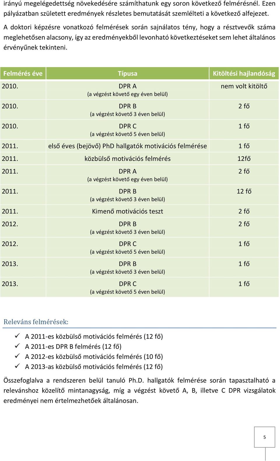 Felmérés éve Típusa Kitöltési hajlandóság 2010. DPR A (a végzést követő egy éven belül) 2010. DPR B (a végzést követő 3 éven belül) 2010. DPR C (a végzést követő 5 éven belül) nem volt kitöltő 2011.