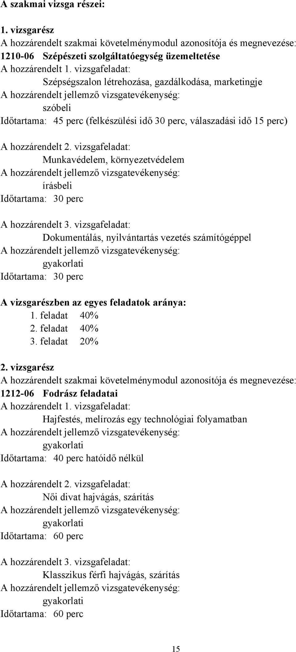 hozzárendelt 2. vizsgafeladat: Munkavédelem, környezetvédelem A hozzárendelt jellemző vizsgatevékenység: írásbeli Időtartama: 30 perc A hozzárendelt 3.