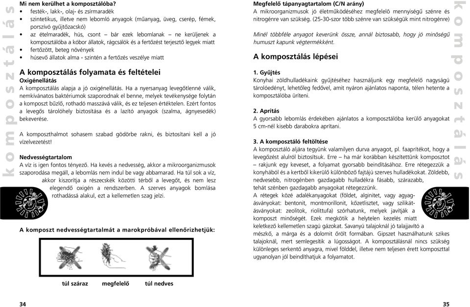 komposztálóba a kóbor állatok, rágcsálók és a fertôzést terjesztô legyek miatt fertôzött, beteg növények húsevô állatok alma - szintén a fertôzés veszélye miatt A komposztálás folyamata és feltételei