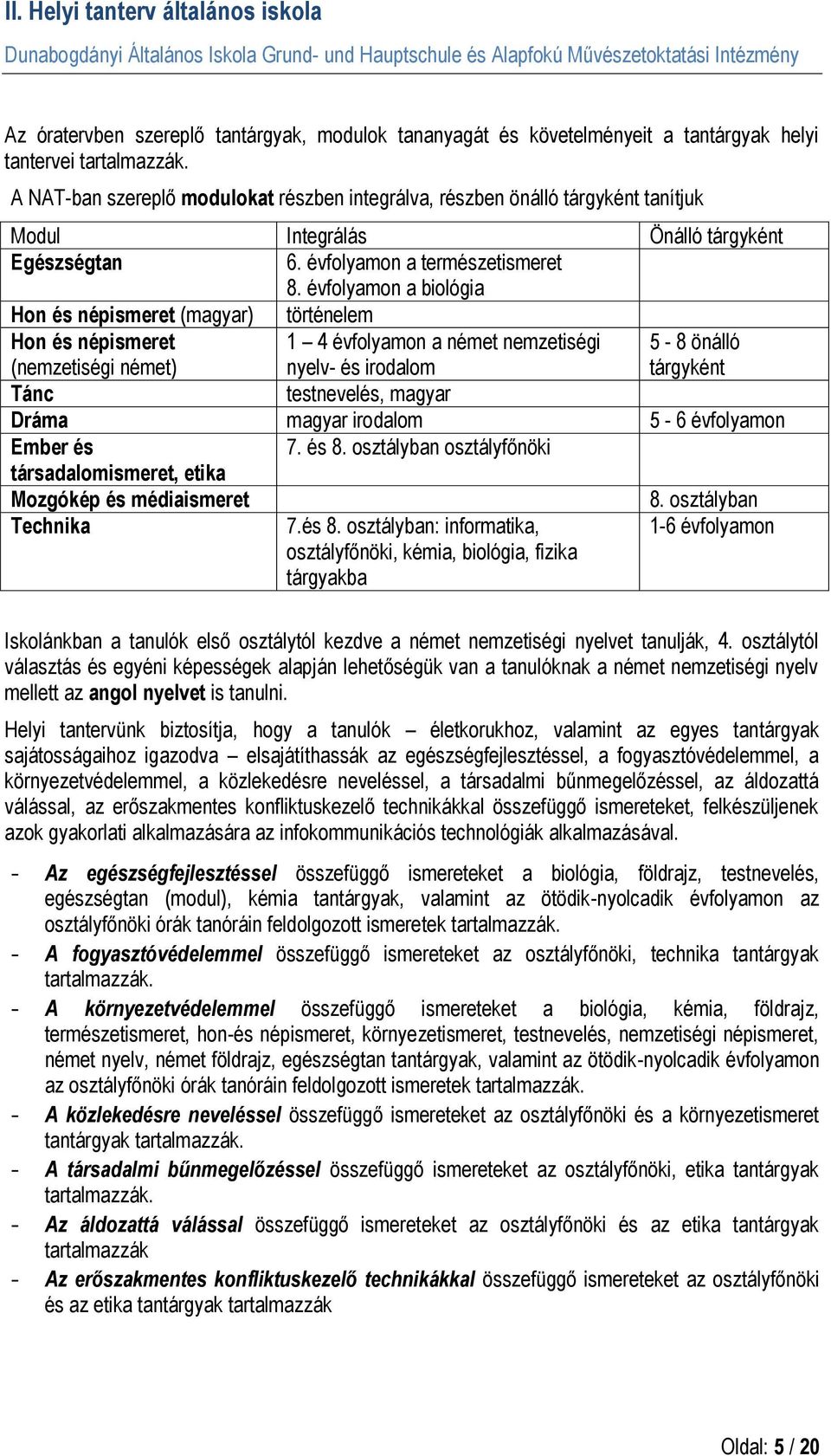 évfolyamon a biológia Hon és népismeret (magyar) történelem Hon és népismeret (nemzetiségi német) 1 4 évfolyamon a német nemzetiségi nyelv- és irodalom 5-8 önálló tárgyként Tánc testnevelés, magyar