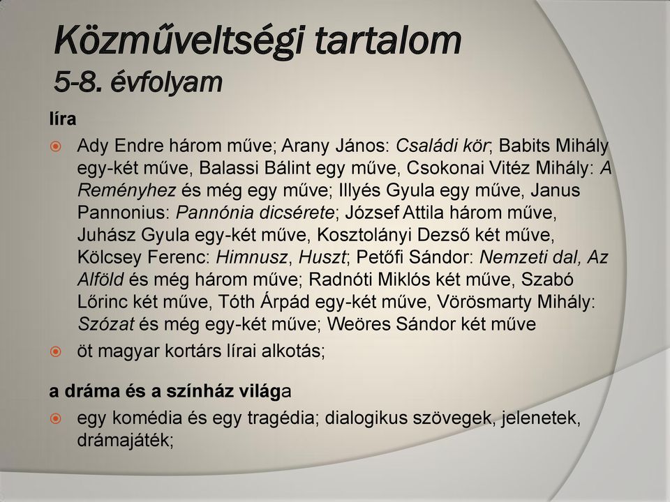 Gyula egy műve, Janus Pannonius: Pannónia dicsérete; József Attila három műve, Juhász Gyula egy-két műve, Kosztolányi Dezső két műve, Kölcsey Ferenc: Himnusz, Huszt; Petőfi