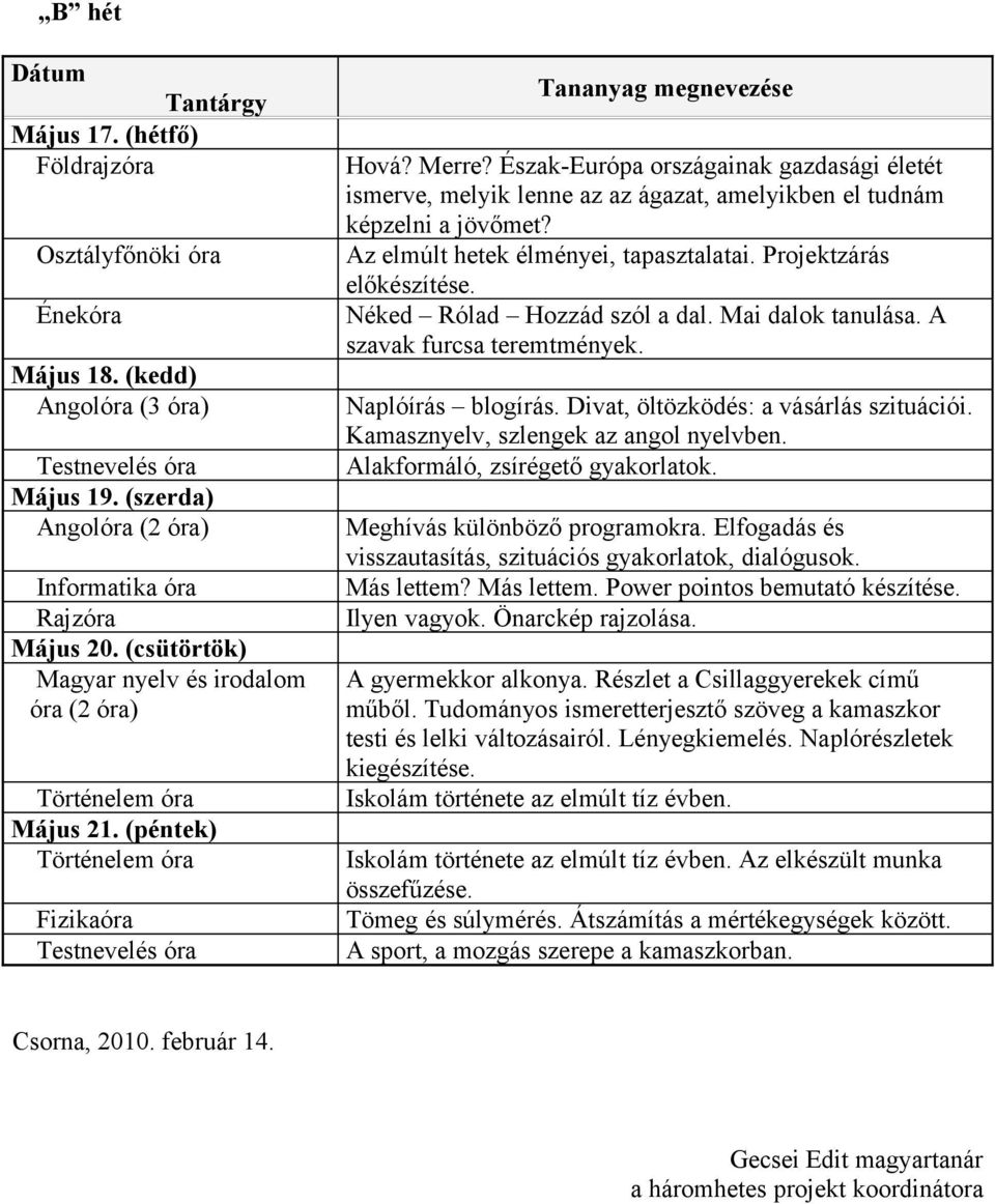 Az elmúlt hetek élményei, tapasztalatai. Projektzárás előkészítése. Néked Rólad Hozzád szól a dal. Mai dalok tanulása. A szavak furcsa teremtmények. Naplóírás blogírás.