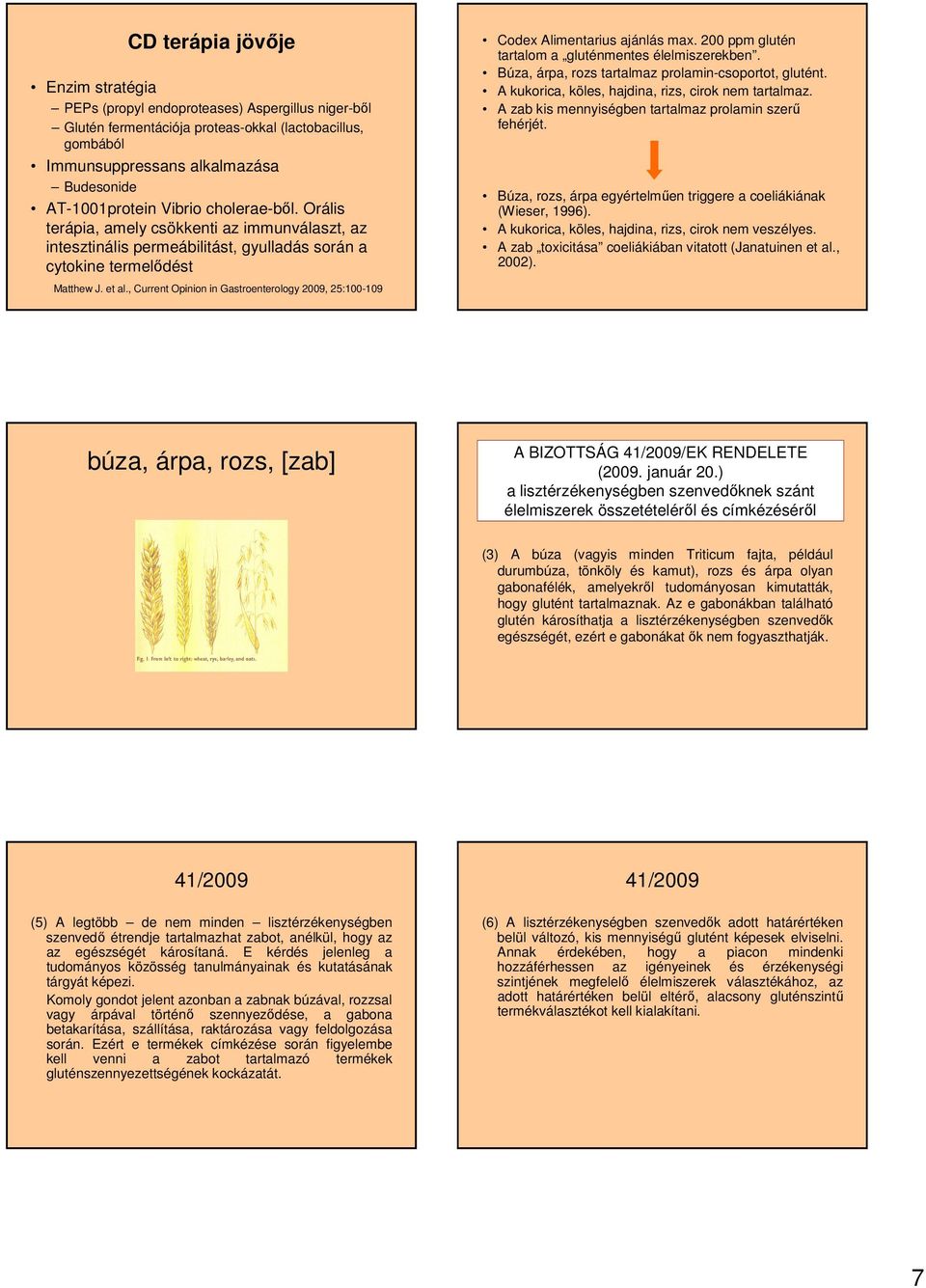 , Current Opinion in Gastroenterology 2009, 25:100-109 Codex Alimentarius ajánlás max. 200 ppm glutén tartalom a gluténmentes élelmiszerekben. Búza, árpa, rozs tartalmaz prolamin-csoportot, glutént.