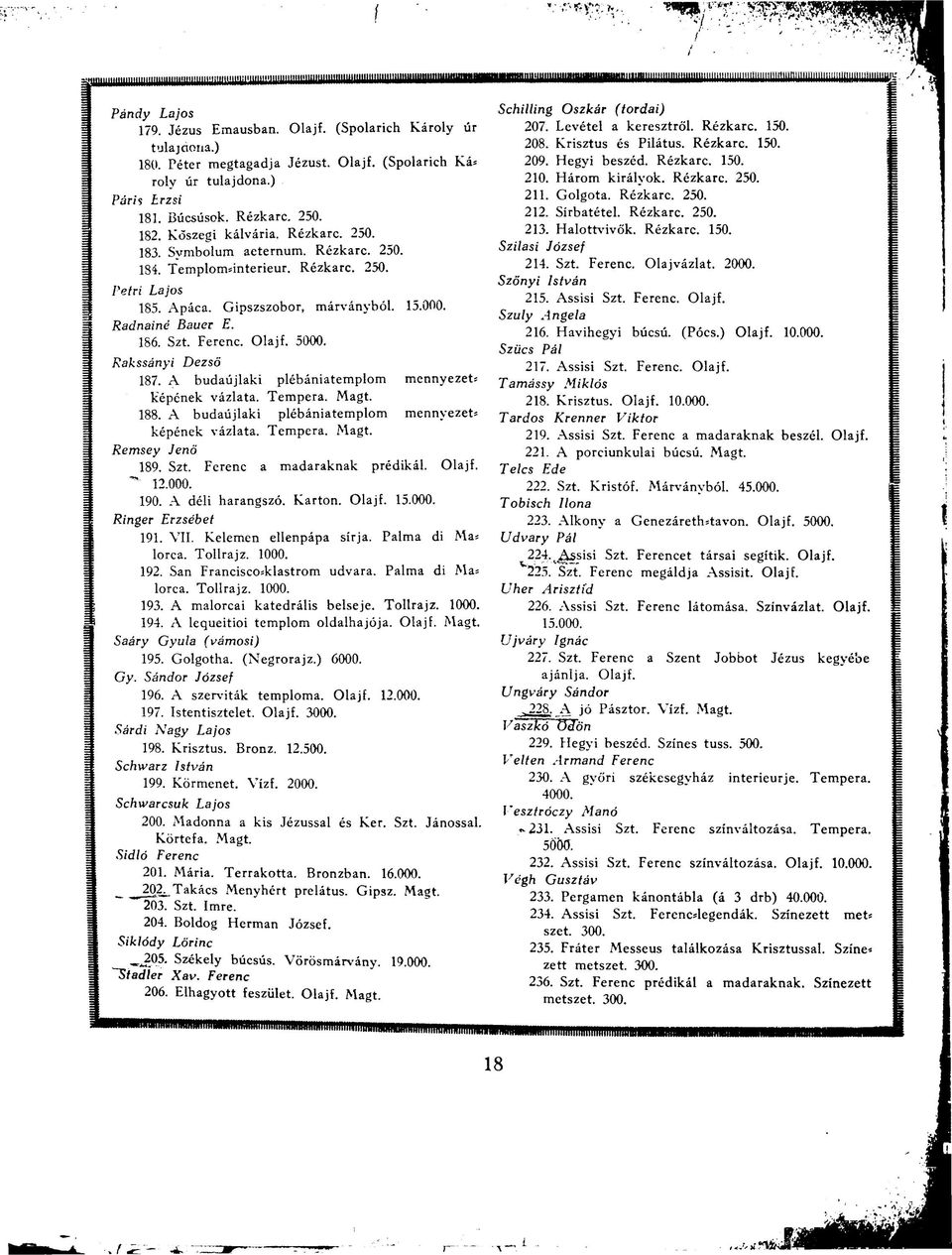 Gipszszobor, márványból. 15.000. Radnainé Bauec E. 186. Szt. Ferenc. Olajf. 5000. Rakssányi Dezső 187. A budaújlaki plébániatemplom mennyezet* képének vázlata. Tempera. Magt. 188.