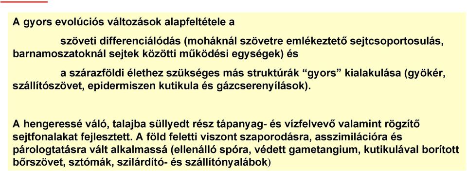 gázcserenyílások). A hengeressé váló, talajba süllyedt rész tápanyag- és vízfelvevő valamint rögzítő sejtfonalakat fejlesztett.