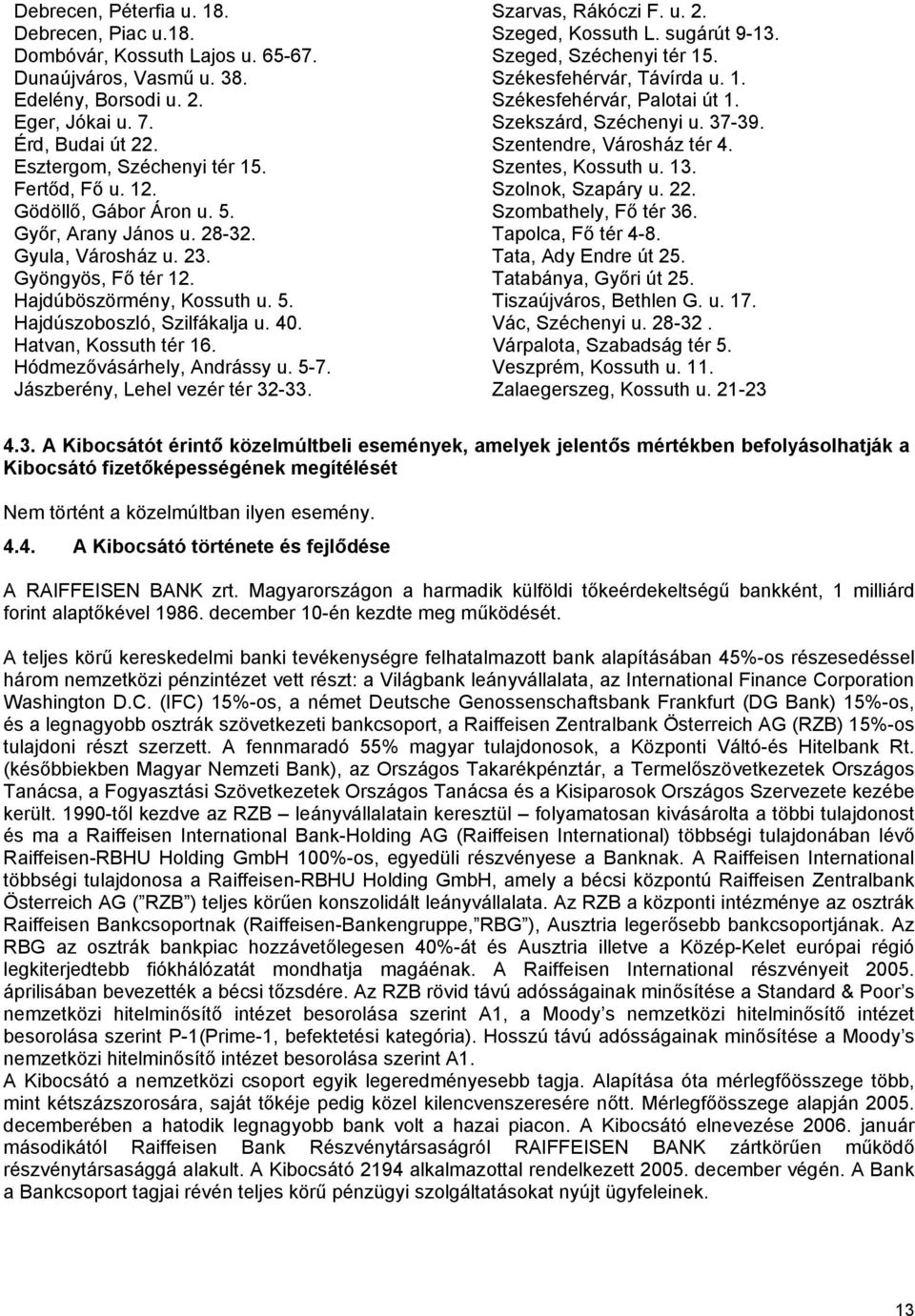 Esztergom, Széchenyi tér 15. Szentes, Kossuth u. 13. Fertőd, Fő u. 12. Szolnok, Szapáry u. 22. Gödöllő, Gábor Áron u. 5. Szombathely, Fő tér 36. Győr, Arany János u. 28-32. Tapolca, Fő tér 4-8.