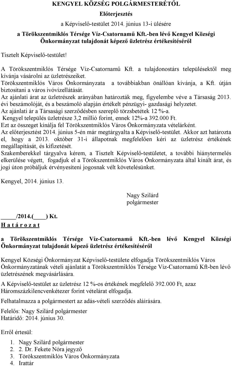 a tulajdonostárs településektől meg kívánja vásárolni az üzletrészeiket. Törökszentmiklós Város Önkormányzata a továbbiakban önállóan kívánja, a Kft. útján biztosítani a város ivóvízellátását.