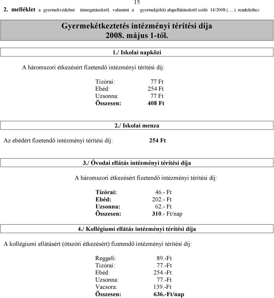 től. 1./ Iskolai napközi A háromszori étkezésért fizetendő intézményi térítési díj: Tízórai: Ebéd: Uzsonna: Összesen: 77 Ft 254 Ft 77 Ft 408 Ft 2.