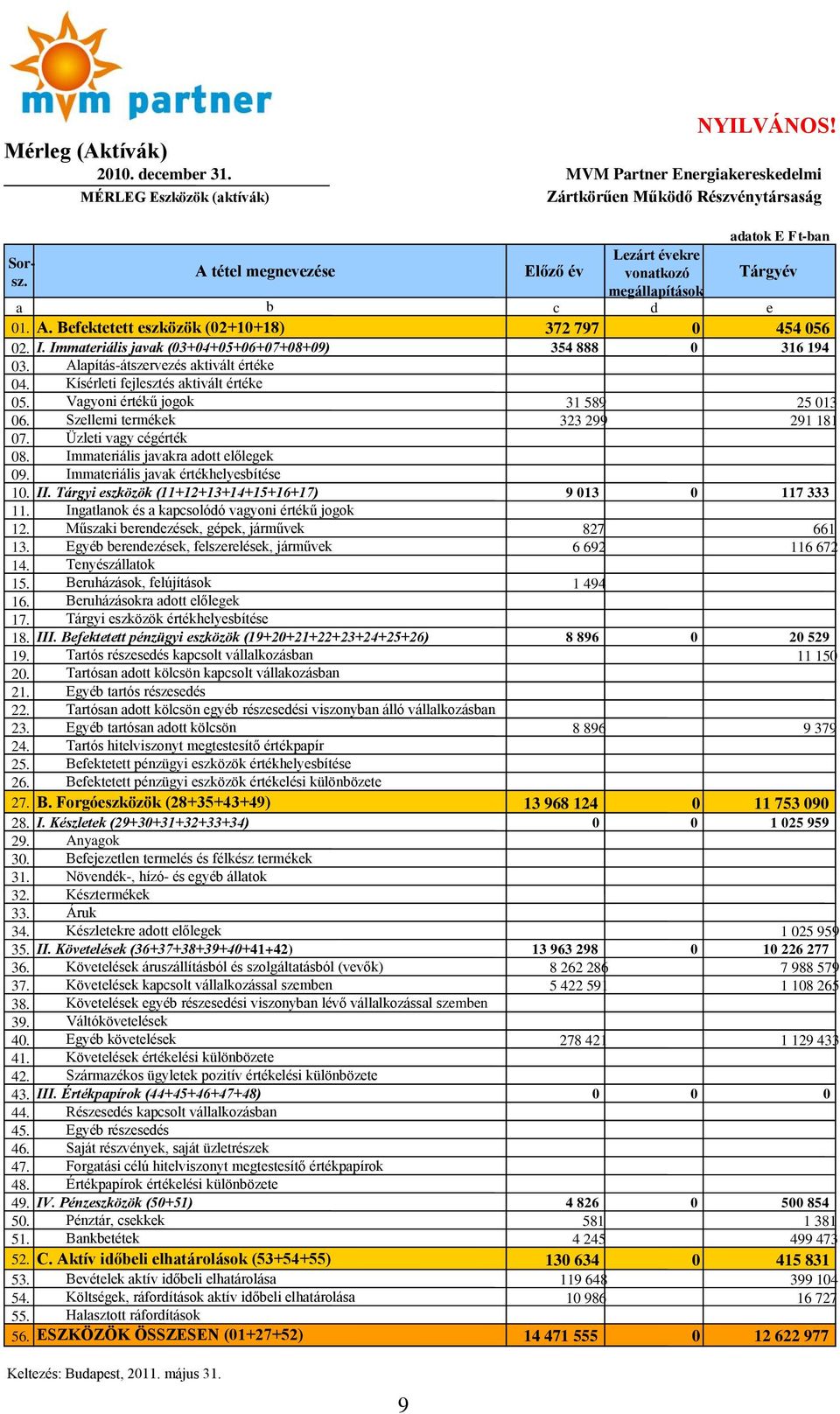 Immateriális javak (03+04+05+06+07+08+09) 354 888 0 316 194 03. Alapítás-átszervezés aktivált értéke 04. Kísérleti fejlesztés aktivált értéke 05. Vagyoni értékű jogok 31 589 25 013 06.