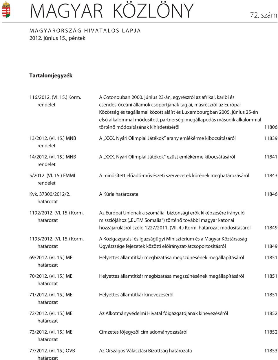 (VI. 15.) ME határozat 72/2012. (VI. 15.) ME határozat 73/2012. (VI. 15.) ME határozat 77/2012. (VI. 15.) OVB határozat A Cotonouban 2000.