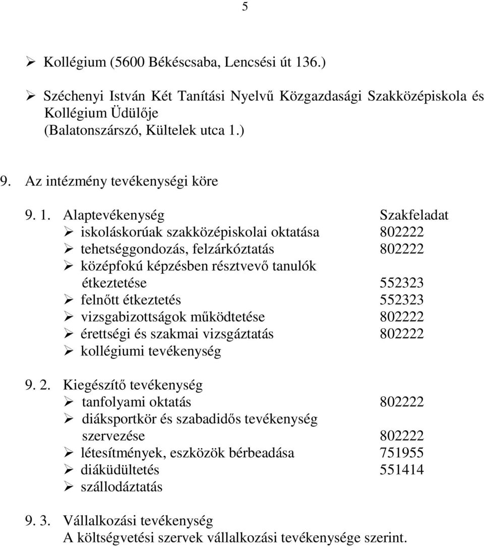 Alaptevékenység Szakfeladat iskoláskorúak szakközépiskolai oktatása 802222 tehetséggondozás, felzárkóztatás 802222 középfokú képzésben résztvevő tanulók étkeztetése 552323 felnőtt étkeztetés