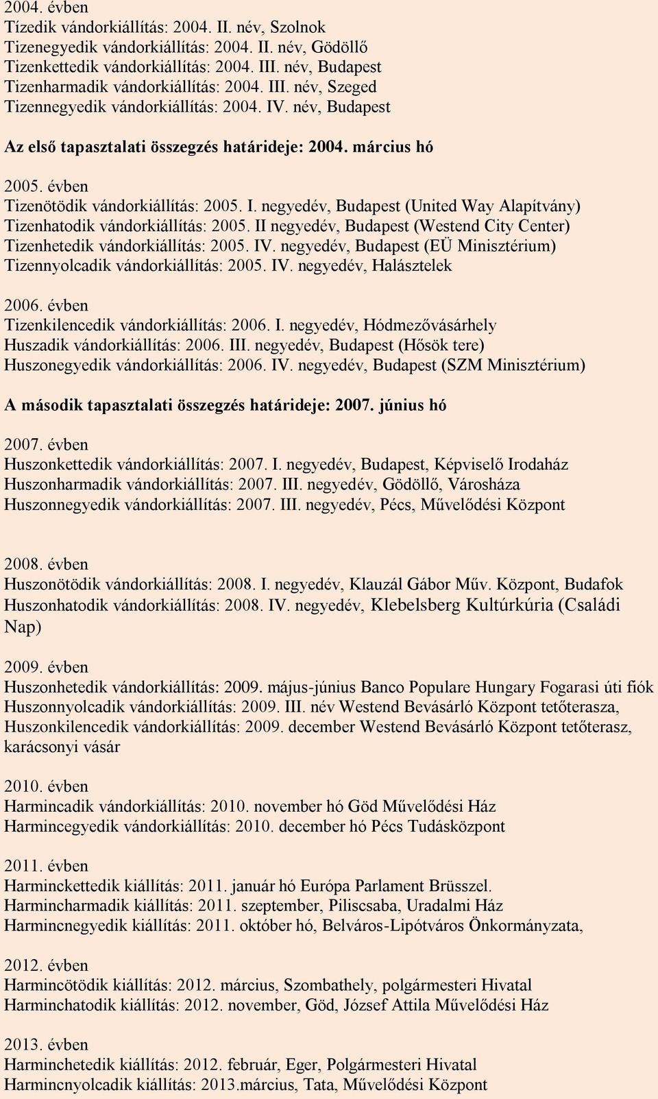 évben Tizenötödik vándorkiállítás: 2005. I. negyedév, Budapest (United Way Alapítvány) Tizenhatodik vándorkiállítás: 2005.