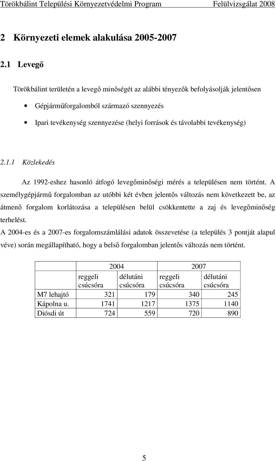 tevékenység) 2.1.1 Közlekedés Az 1992-eshez hasonló átfogó levegőminőségi mérés a településen nem történt.