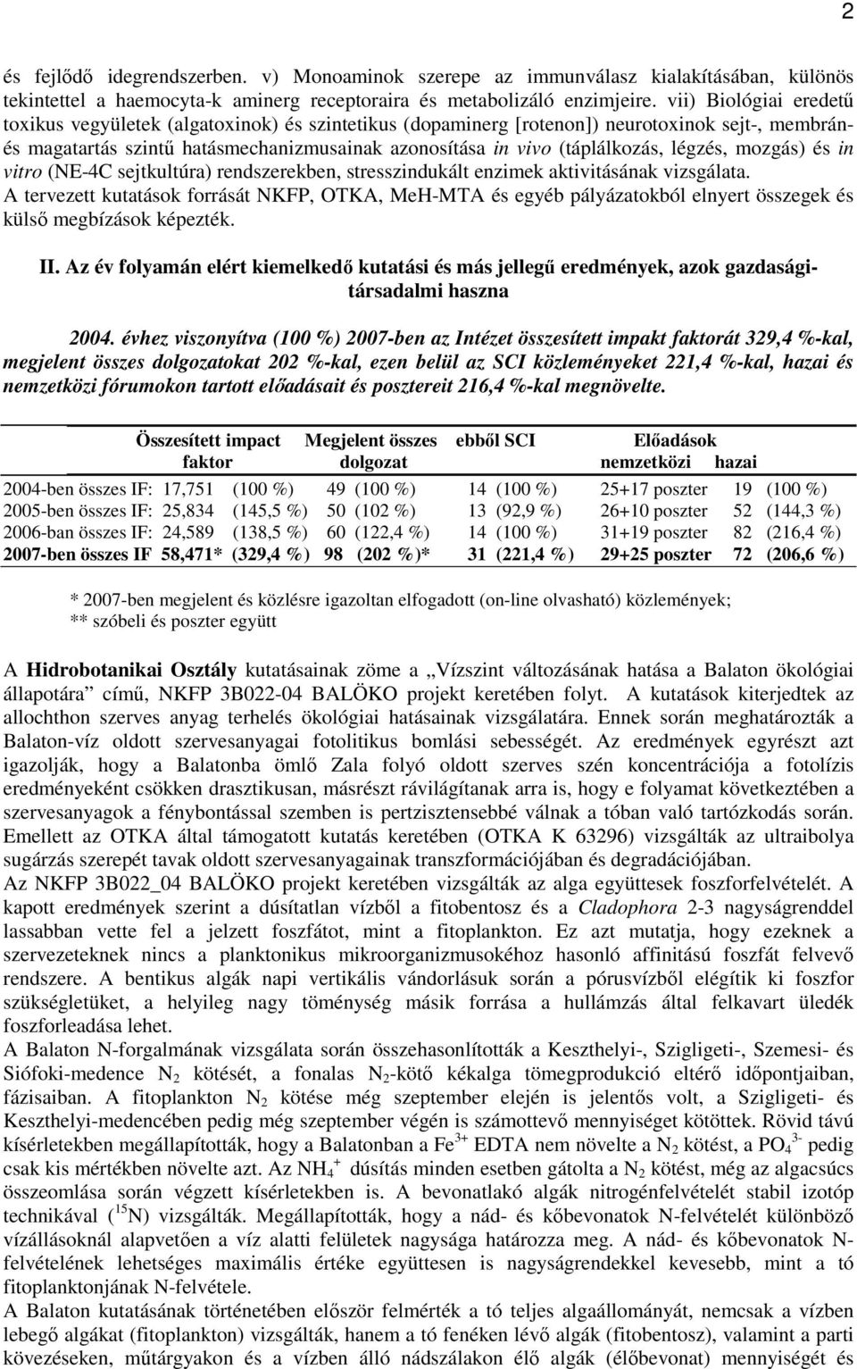 légzés, mozgás) és in vitro (NE-4C sejtkultúra) rendszerekben, stresszindukált enzimek aktivitásának vizsgálata.