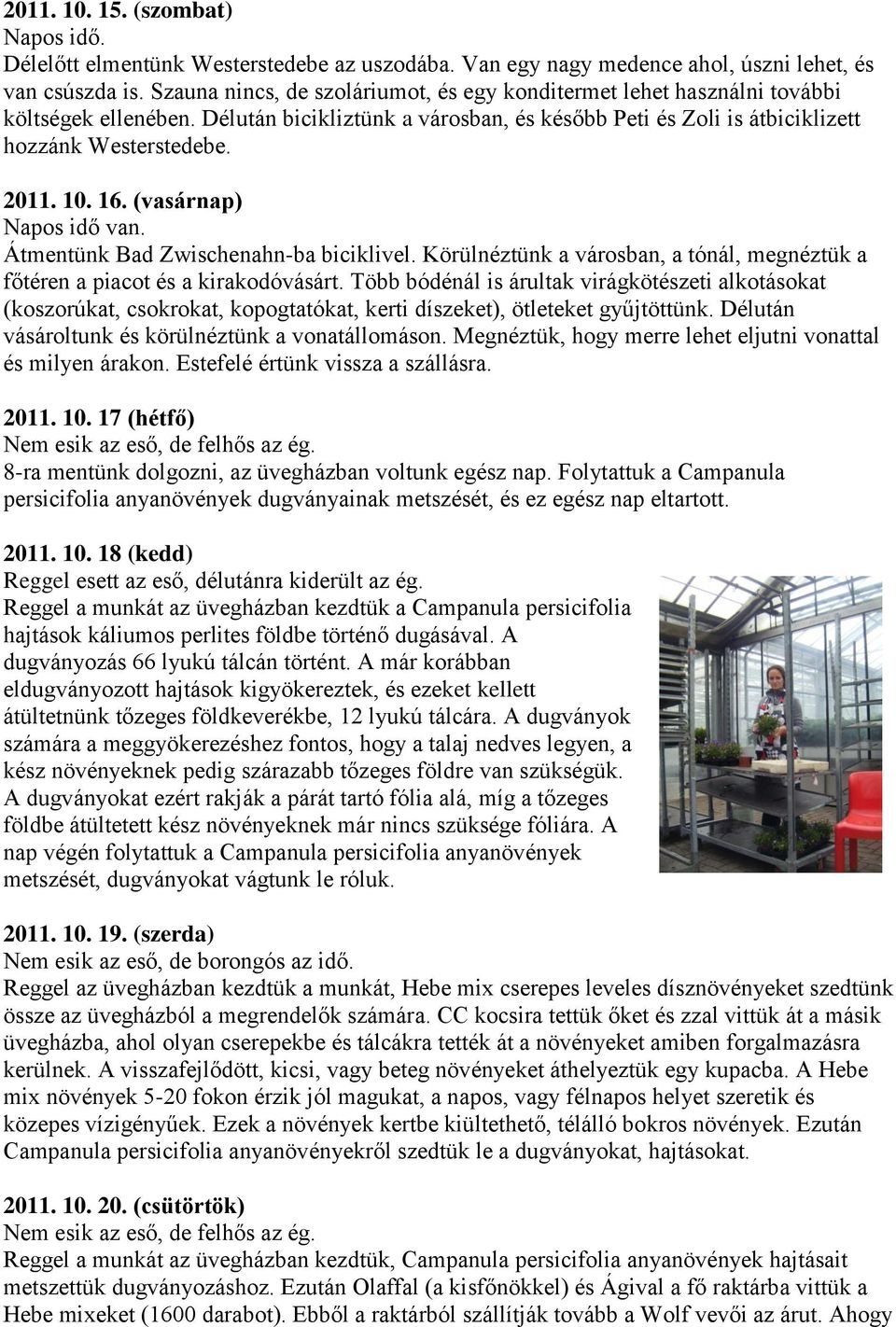 16. (vasárnap) Napos idő van. Átmentünk Bad Zwischenahn-ba biciklivel. Körülnéztünk a városban, a tónál, megnéztük a főtéren a piacot és a kirakodóvásárt.