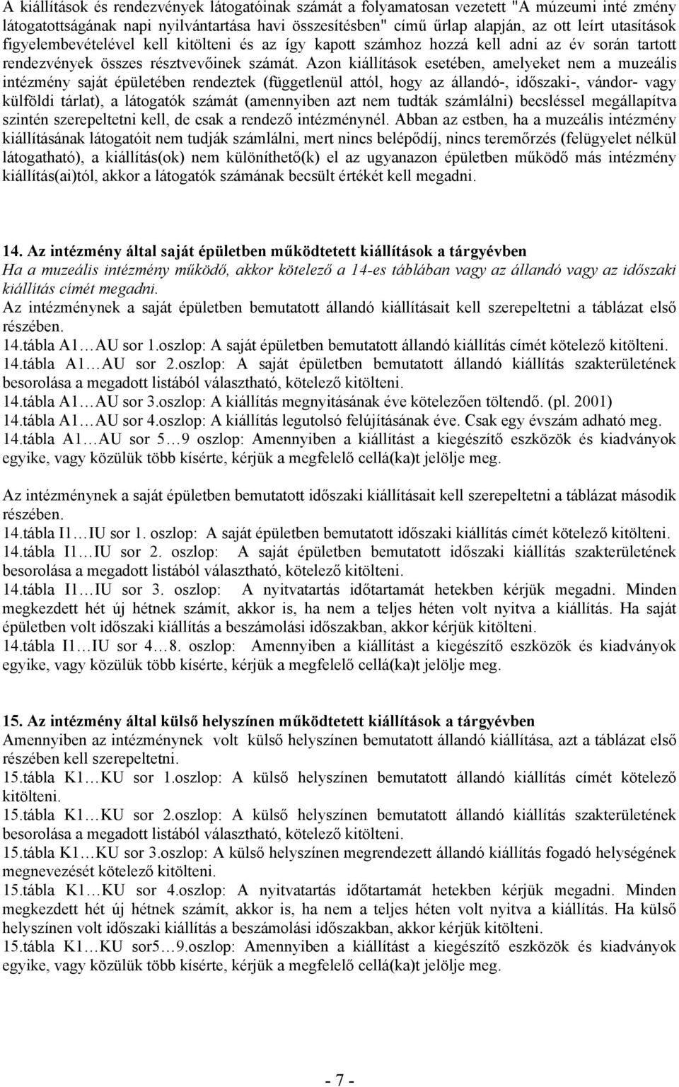 Azon kiállítások esetében, amelyeket nem a muzeális intézmény saját épületében rendeztek (függetlenül attól, hogy az állandó-, időszaki-, vándor- vagy külföldi tárlat), a látogatók számát (amennyiben