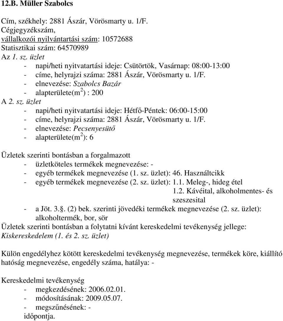 - elnevezése: Pecsenyesütı - alapterülete(m 2 ): 6 - egyéb termékek megnevezése (1. sz. üzlet): 46. Használtcikk - egyéb termékek megnevezése (2. sz. üzlet): 1.1. Meleg-, hideg étel 1.2. Kávéital, alkoholmentes- és szeszesital - a Jöt.