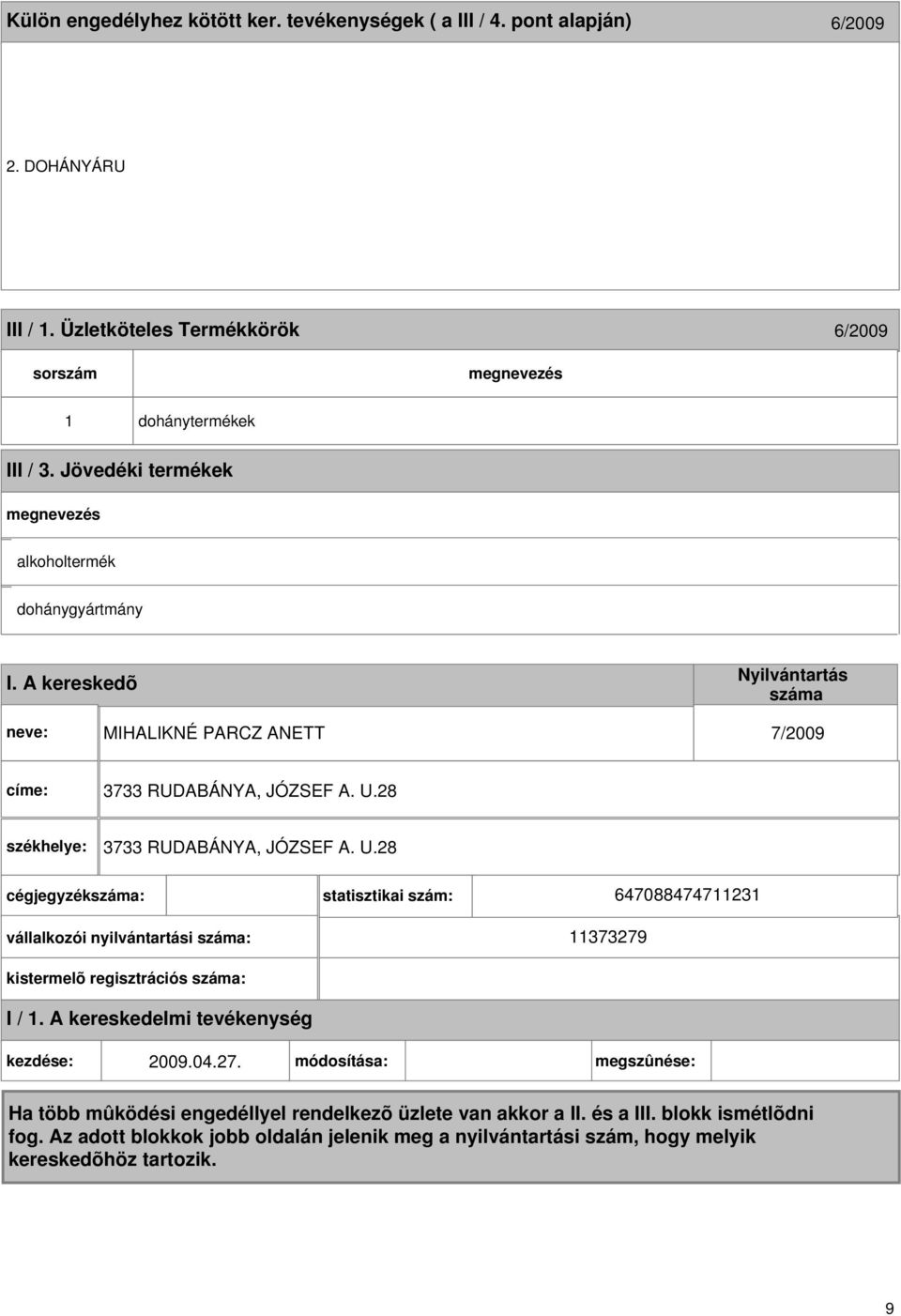 A kereskedõ MIHALIKNÉ PARCZ ANETT 7/2009 címe: 3733 RUDABÁNYA, JÓZSEF A. U.