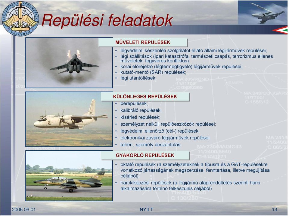 nélküli repülőeszközök repülései; légvédelmi ellenőrző (cél-) repülések; elektronikai zavaró légijárművek repülései teher-, személy deszantolás.