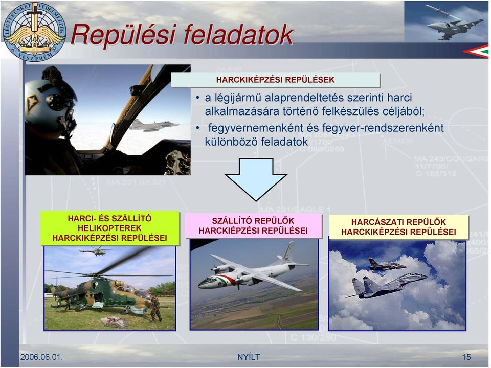 feladatok HARCI- ÉS SZÁLLÍTÓ HELIKOPTEREK HARCKIKÉPZÉSI REPÜLÉSEI SZÁLLÍTÓ REPÜLŐK