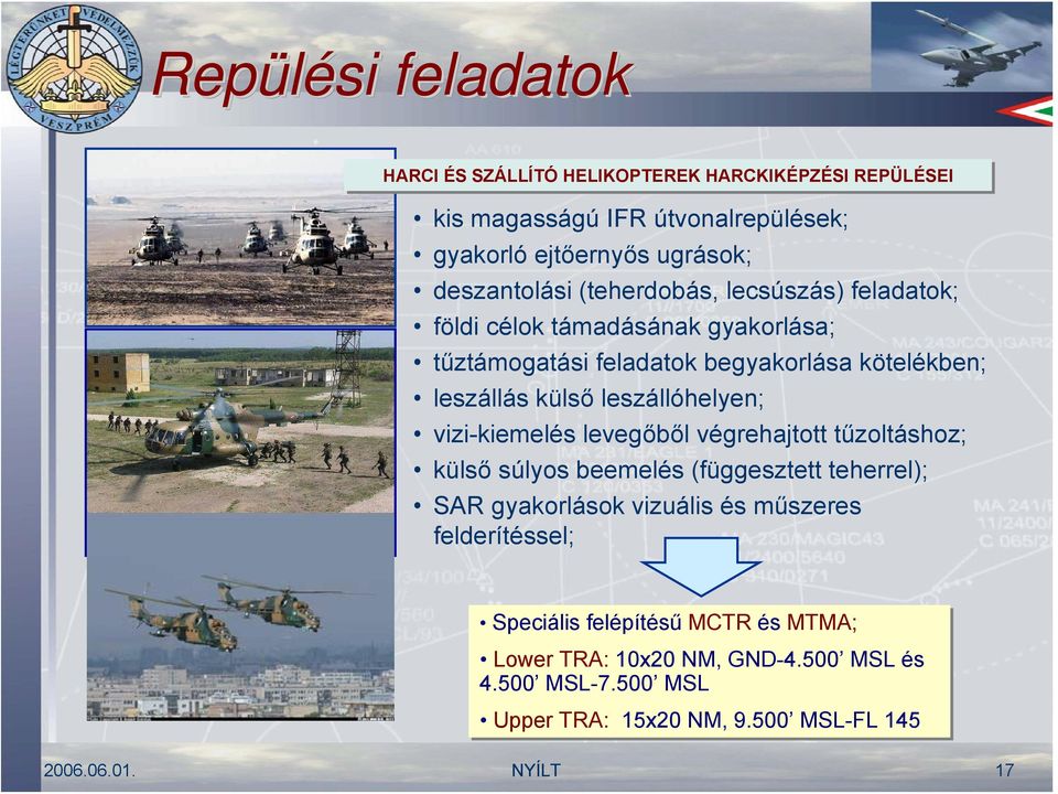 vizi-kiemelés levegőből végrehajtott tűzoltáshoz; külső súlyos beemelés (függesztett teherrel); SAR gyakorlások vizuális és műszeres