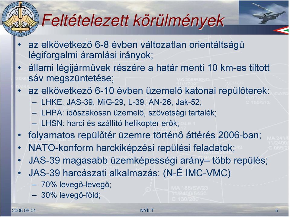 üzemelő, szövetségi tartalék; LHSN: harci és szállító helikopter erők; folyamatos repülőtér üzemre történő áttérés 2006-ban; NATO-konform harckiképzési