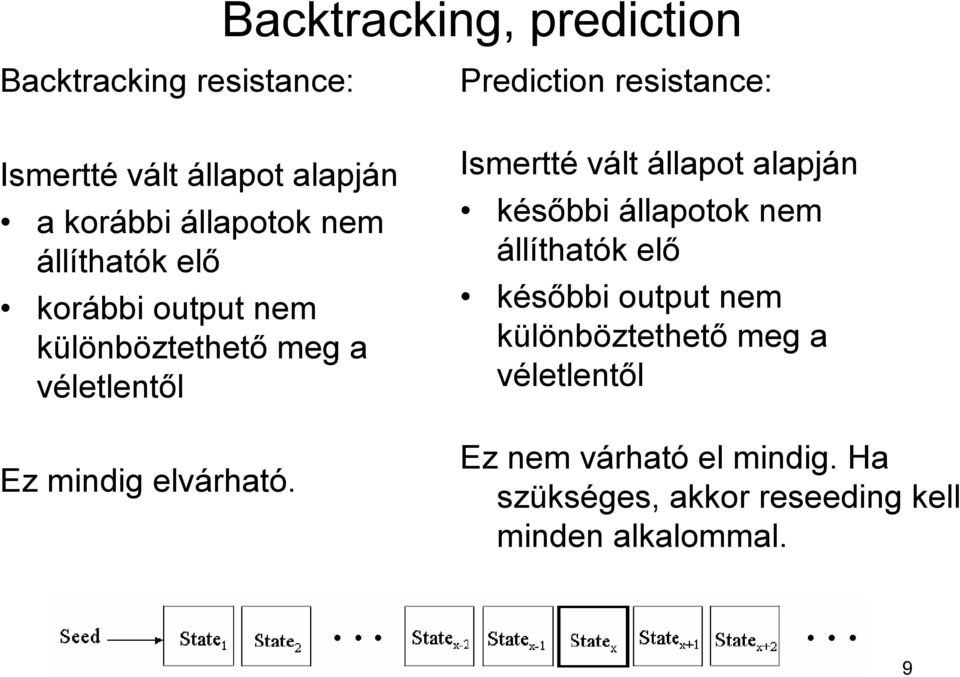 Prediction resistance: Ismertté vált állapot alapján későbbi állapotok nem állíthatók elő későbbi output