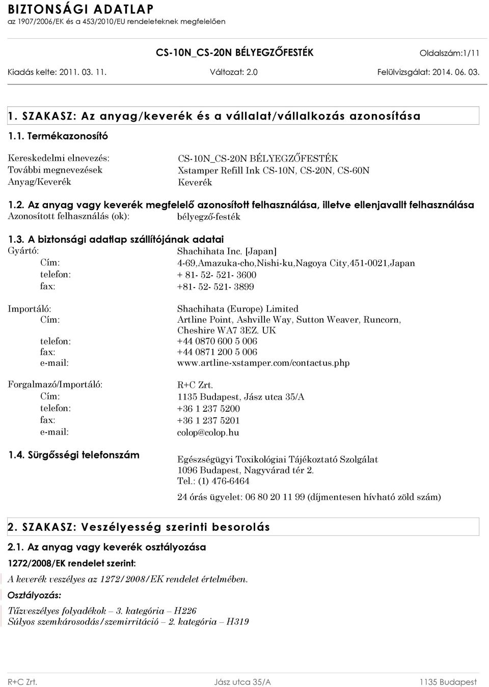 A biztonsági adatlap szállítójának adatai Gyártó: Shachihata Inc.