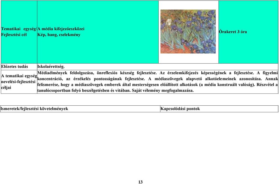 A figyelmi A tematikai egység koncentráció, az érzékelés pontosságának fejlesztése. A médiaszövegek alapvető alkotóelemeinek azonosítása.