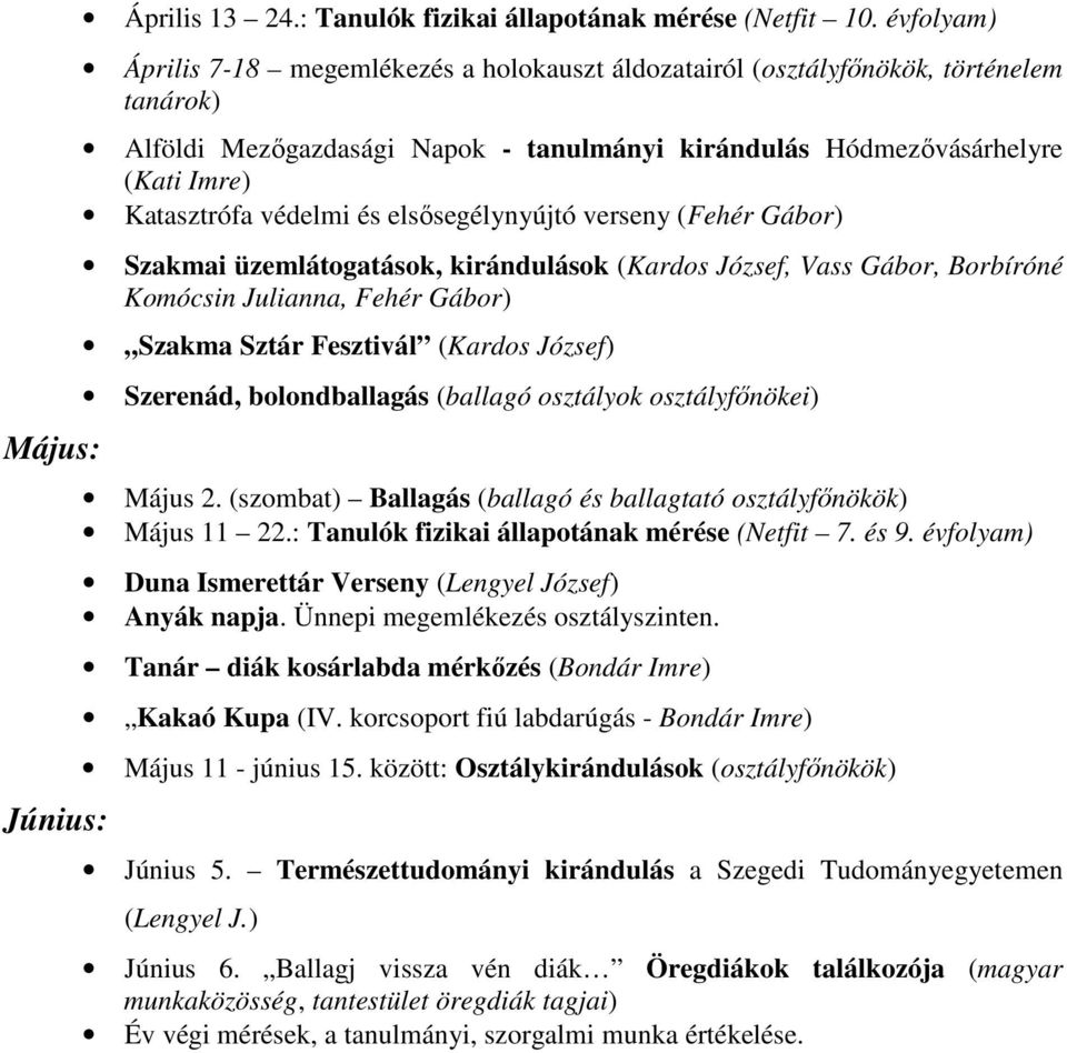 védelmi és elsősegélynyújtó verseny (Fehér Gábor) Szakmai üzemlátogatások, kirándulások (Kardos József, Vass Gábor, Borbíróné Komócsin Julianna, Fehér Gábor) Szakma Sztár Fesztivál (Kardos József)