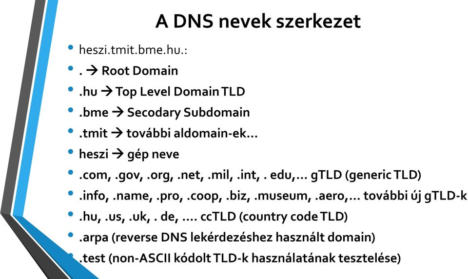 edu, gtld (generic TLD).info,.name,.pro,.coop,.biz,.museum,.aero, további új gtld-k.hu,.us,.uk,. de,.