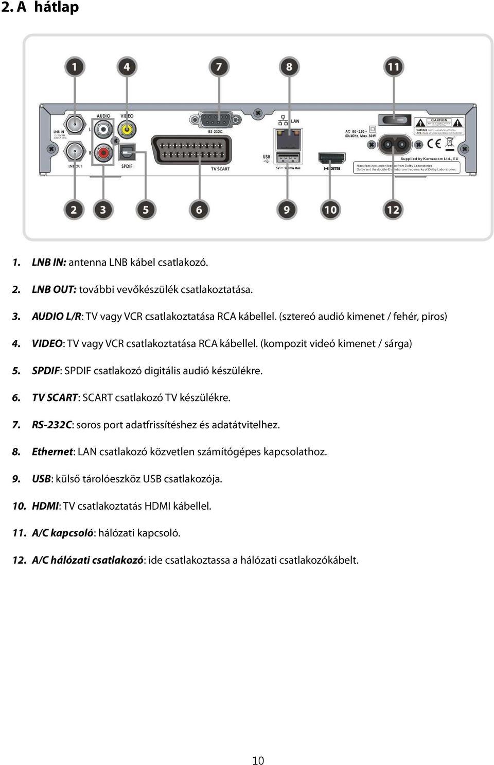 6. TV SCART: SCART csatlakozó TV készülékre. 7. RS-232C: soros port adatfrissítéshez és adatátvitelhez. 8. Ethernet: LAN csatlakozó közvetlen számítógépes kapcsolathoz. 9.