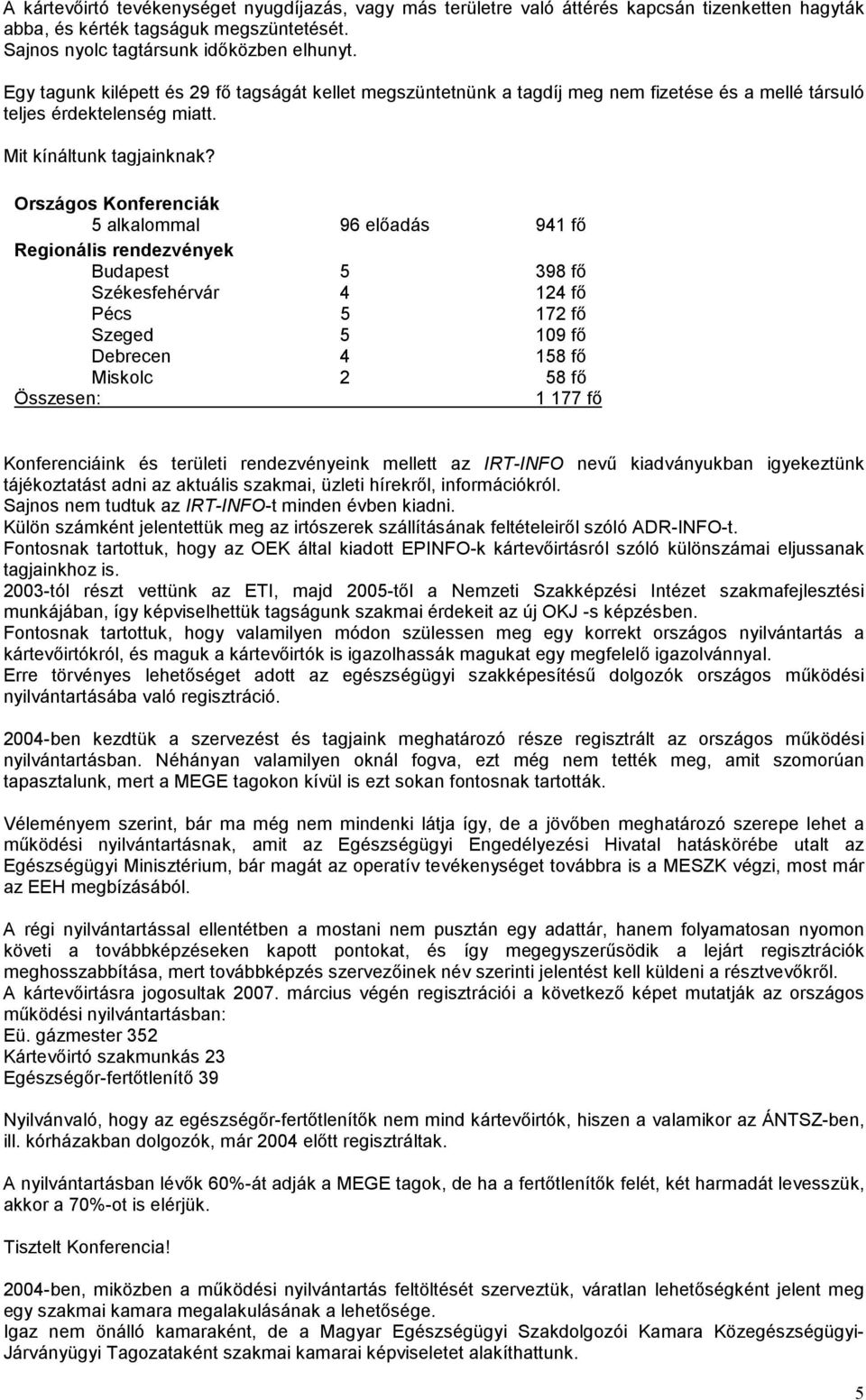 Országos Konferenciák 5 alkalommal 96 előadás 941 fő Regionális rendezvények Budapest 5 398 fő Székesfehérvár 4 124 fő Pécs 5 172 fő Szeged 5 109 fő Debrecen 4 158 fő Miskolc 2 58 fő Összesen: 1 177