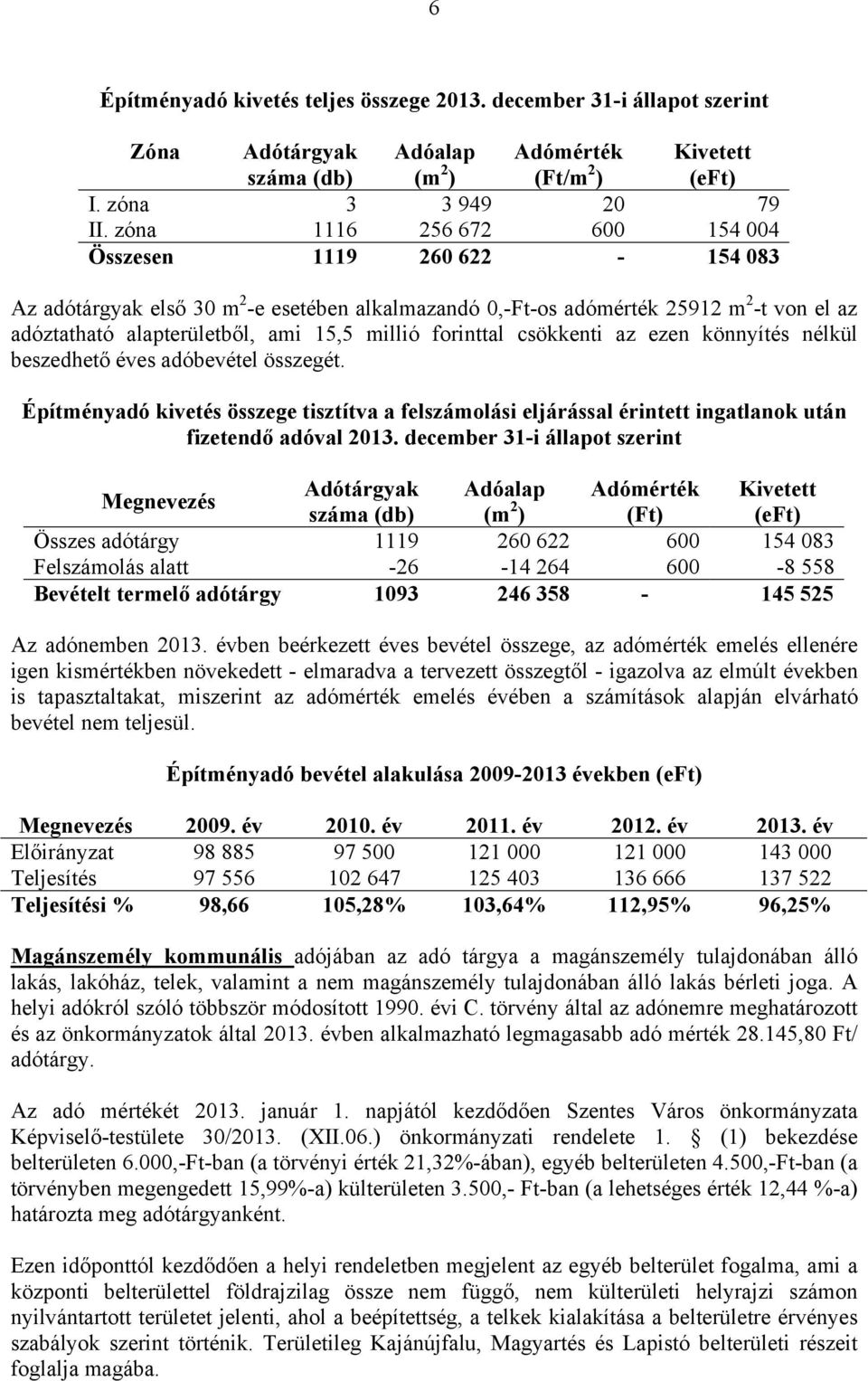 forinttal csökkenti az ezen könnyítés nélkül beszedhető éves adóbevétel összegét. Építményadó kivetés összege tisztítva a felszámolási eljárással érintett ingatlanok után fizetendő adóval 2013.