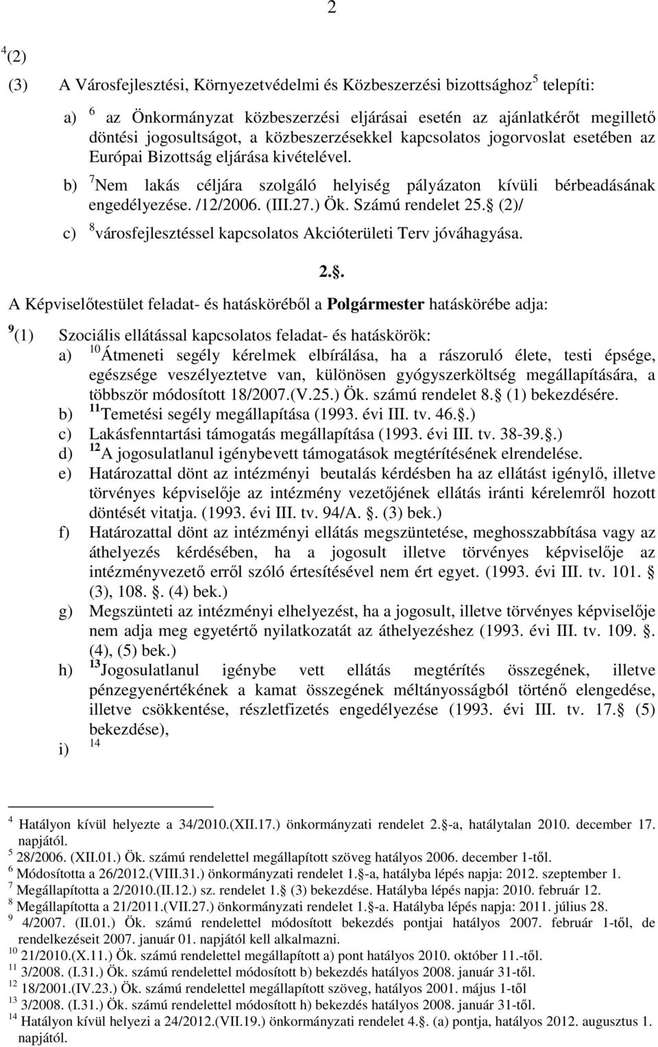 ) Ök. Számú rendelet 25. (2)/ c) 8 városfejlesztéssel kapcsolatos Akcióterületi Terv jóváhagyása. A Képviselőtestület feladat- és hatásköréből a Polgármester hatáskörébe adja: 2.