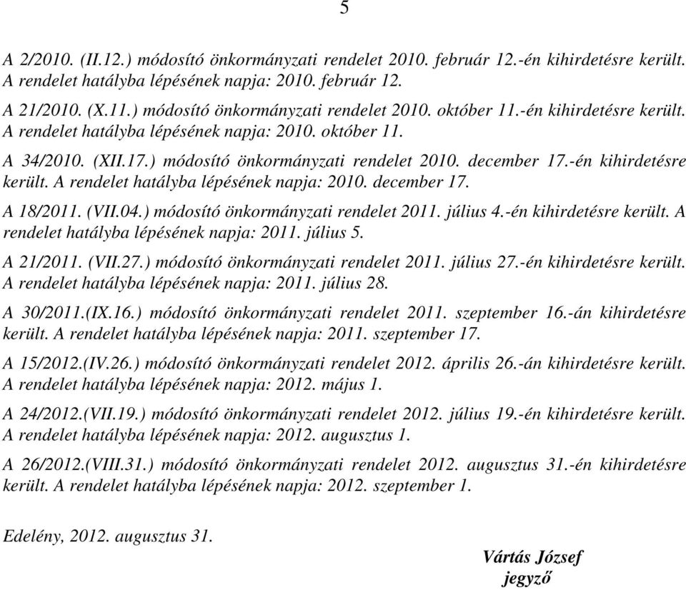 -én kihirdetésre került. A rendelet hatályba lépésének napja: 2010. december 17. A 18/2011. (VII.04.) módosító önkormányzati rendelet 2011. július 4.-én kihirdetésre került. A rendelet hatályba lépésének napja: 2011.