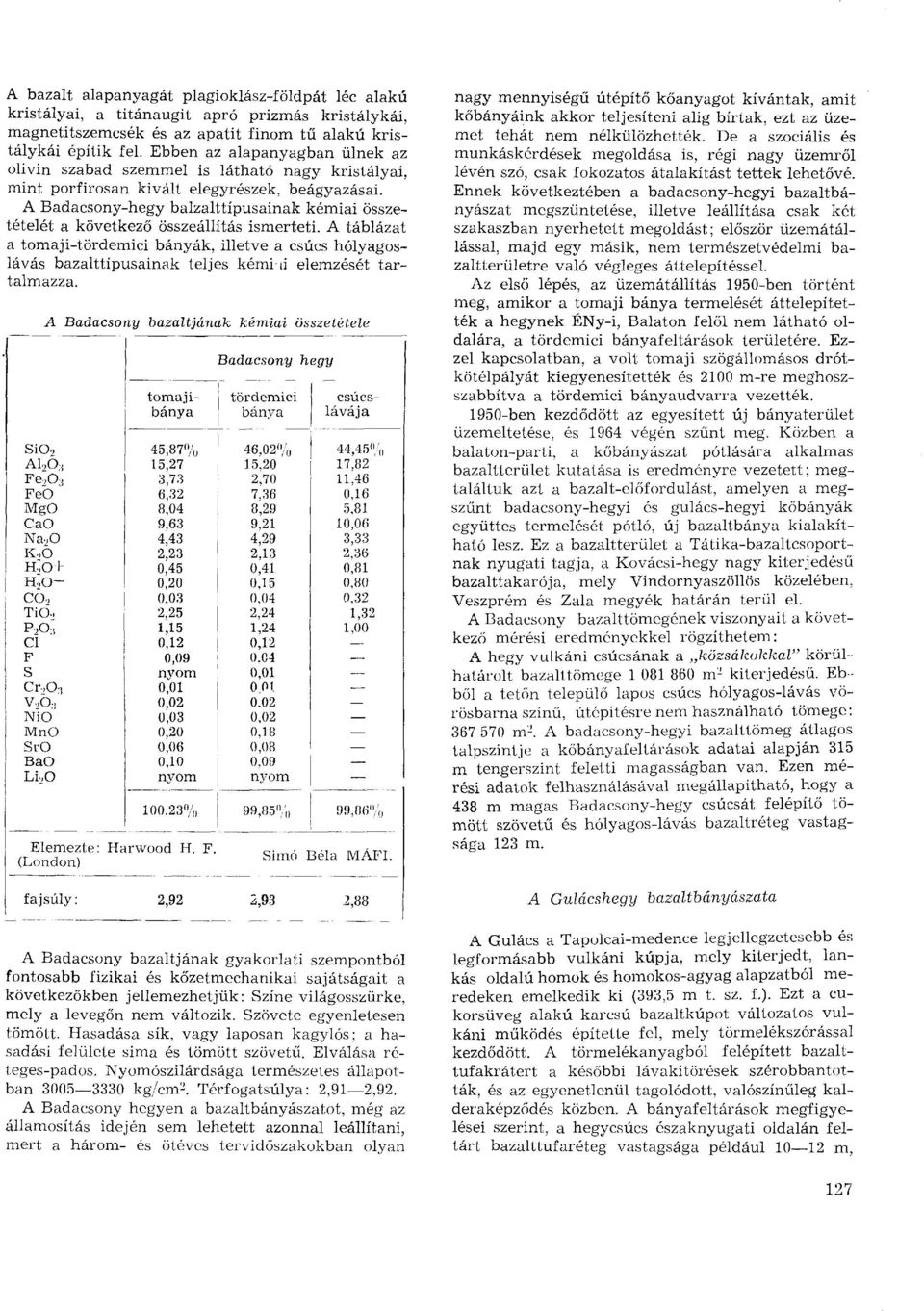 A Badacsony-hegy balzalttípusainak kémiai összetételét a következő összeállítás ismerteti.