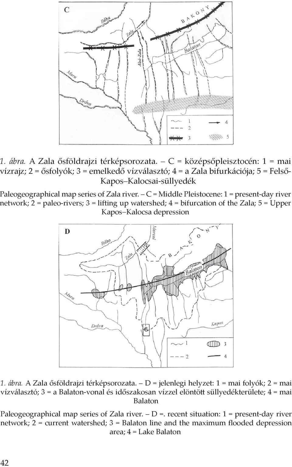 C = Middle Pleistocene: 1 = present-day river network; 2 = paleo-rivers; 3 = lifting up watershed; 4 = bifurcation of the Zala; 5 = Upper Kapos Kalocsa depression  D = jelenlegi helyzet: 1 = mai