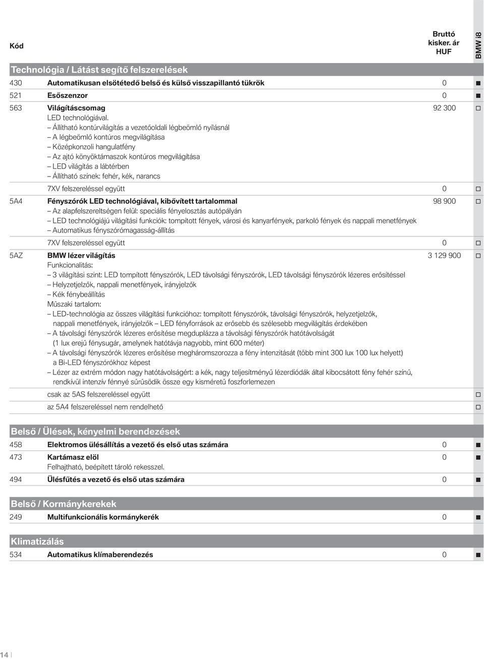 színek: fehér, kék, narancs 7XV felszereléssel együtt 0 5A4 Fényszórók LED technlógiával, kibővített tartalmmal 98 900 Az alapfelszereltségen felül: speciális fényelsztás autópályán LED technlógiájú