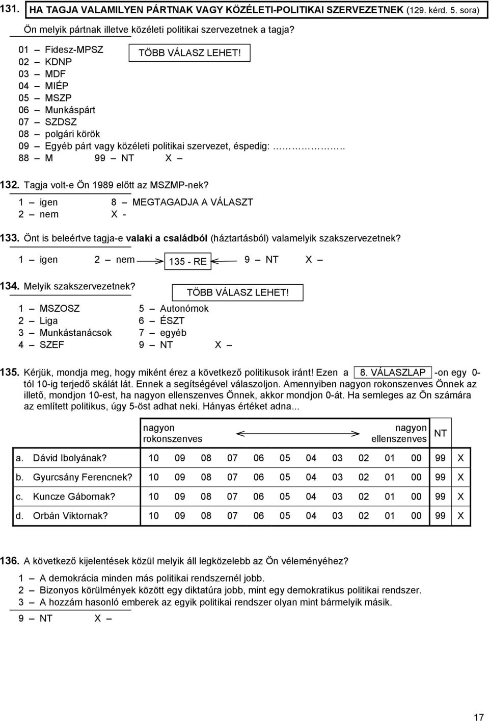 1 igen 8 MEGTAGADJA A VÁLASZT 2 nem X - 133. Önt is beleértve tagja-e valaki a családból (háztartásból) valamelyik szakszervezetnek? 1 igen 2 nem 135 - RE 134. Melyik szakszervezetnek?