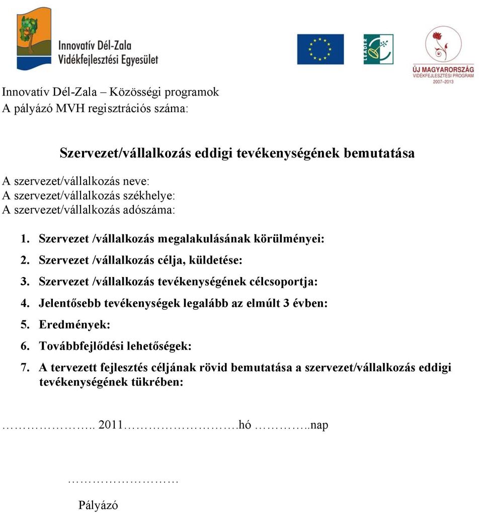 Szervezet /vállalkozás tevékenységének célcsoportja: 4. Jelentősebb tevékenységek legalább az elmúlt 3 évben: 5. Eredmények: 6.