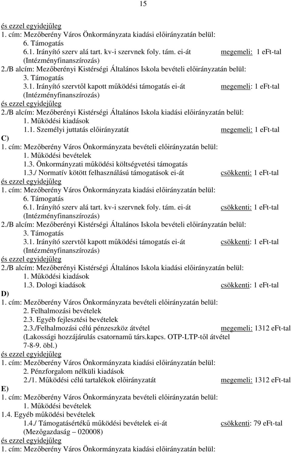 Irányító szervtıl kapott mőködési támogatás ei-át megemeli: 1 eft-tal (Intézményfinanszírozás) és ezzel egyidejőleg 2./B alcím: Mezıberényi Kistérségi Általános Iskola kiadási elıirányzatán belül: 1.