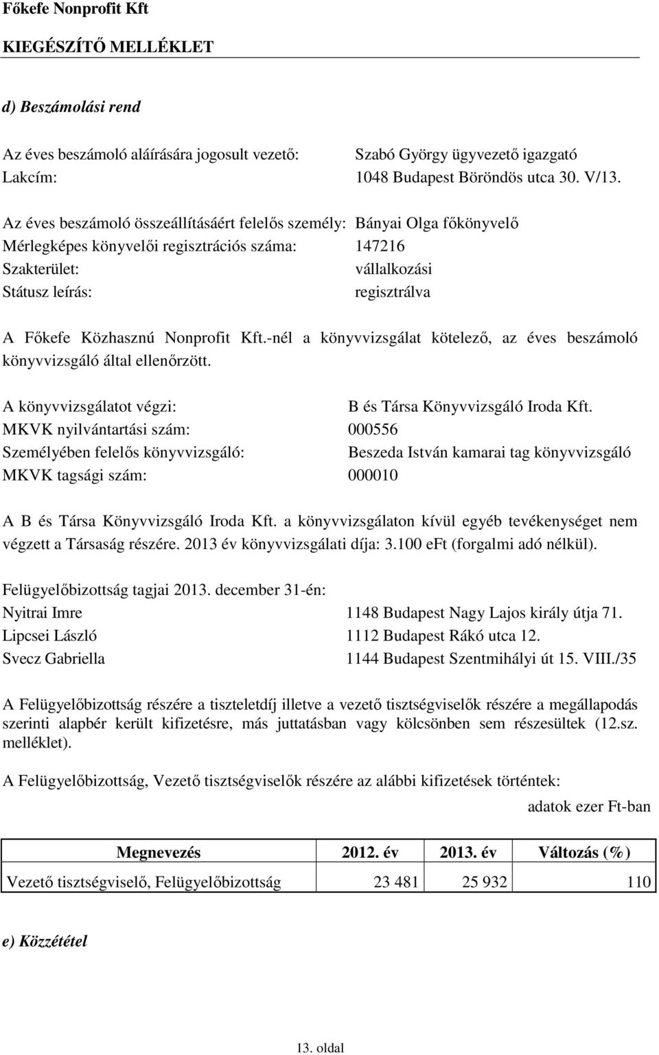 Nonprofit Kft.-nél a könyvvizsgálat kötelezı, az éves beszámoló könyvvizsgáló által ellenırzött. A könyvvizsgálatot végzi: B és Társa Könyvvizsgáló Iroda Kft.