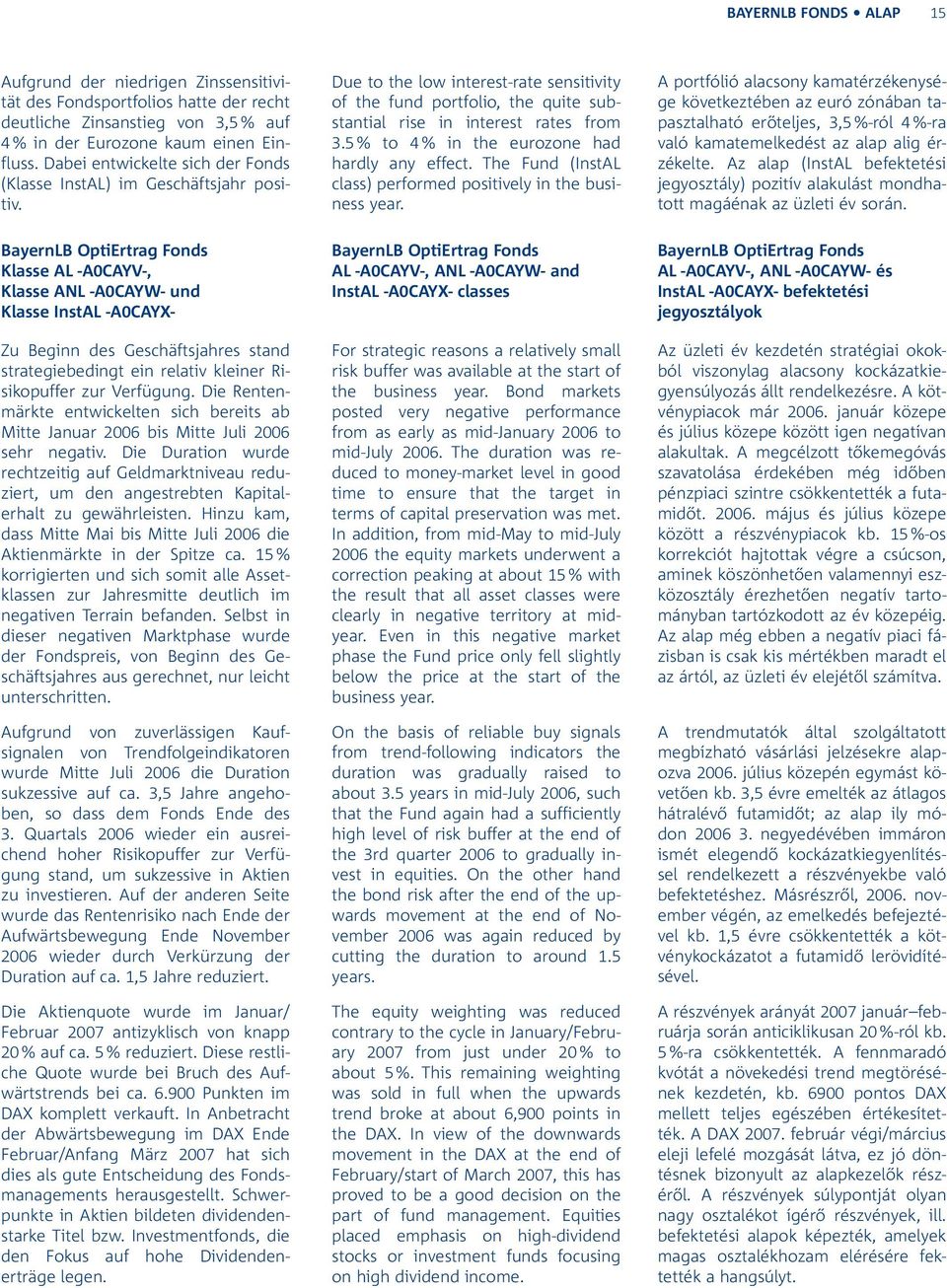 5 % to 4 % in the eurozone had hardly any effect. The Fund (InstAL class) performed positively in the business year.