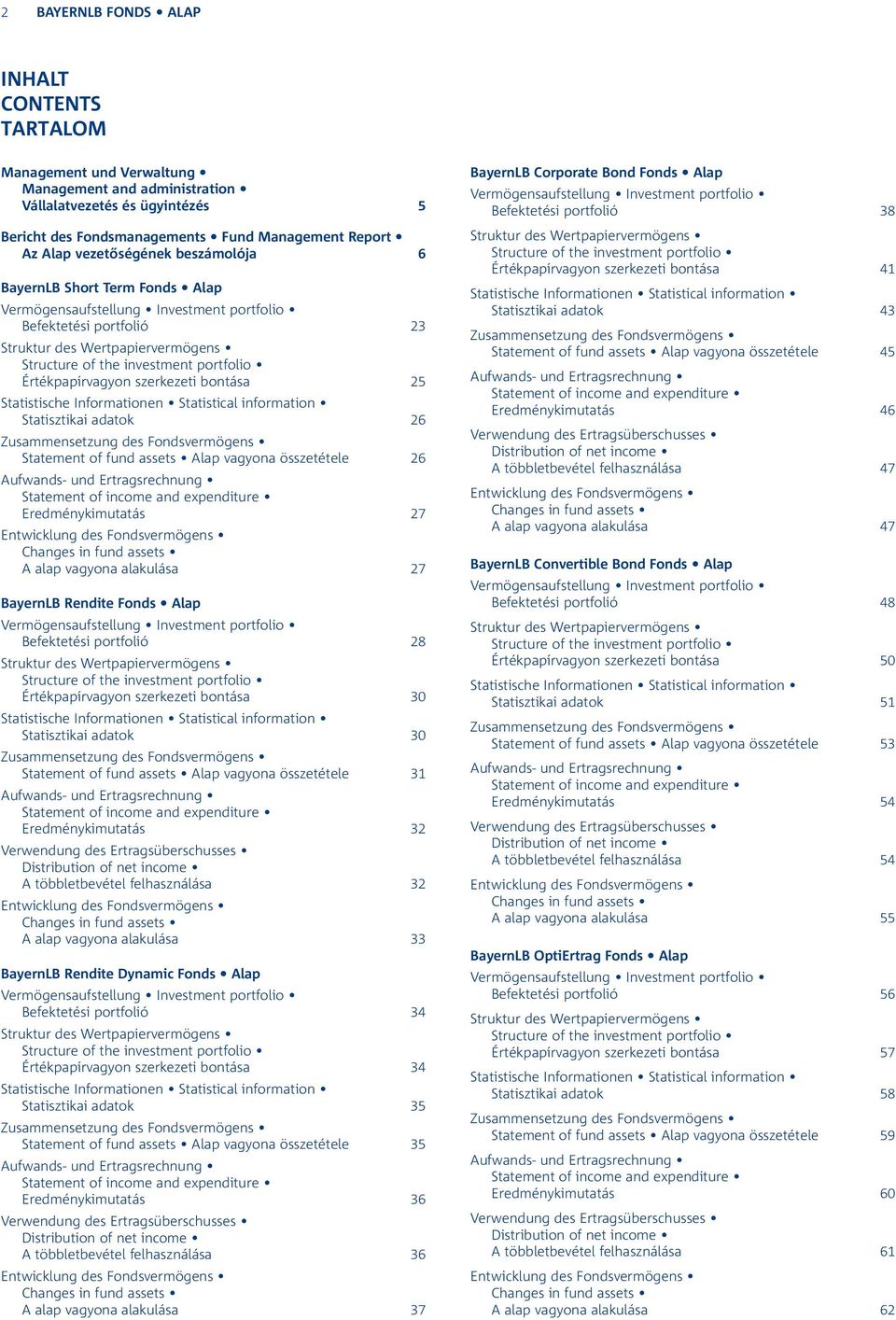 Értékpapírvagyon szerkezeti bontása 25 Statistische Informationen Statistical information Statisztikai adatok 26 Zusammensetzung des Fondsvermögens Statement of fund assets Alap vagyona összetétele