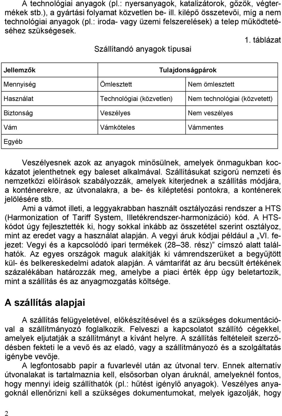 táblázat Szállítandó anyagok típusai Jellemzők Tulajdonságpárok Mennyiség Ömlesztett Nem ömlesztett Használat Technológiai (közvetlen) Nem technológiai (közvetett) Biztonság Veszélyes Nem veszélyes