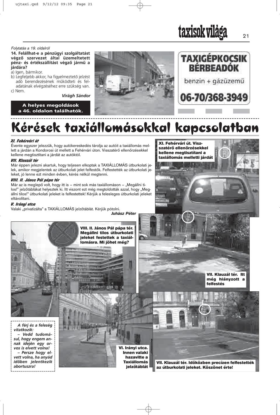 oldalon találhatók. Kérések taxiállomásokkal kapcsolatban XI.