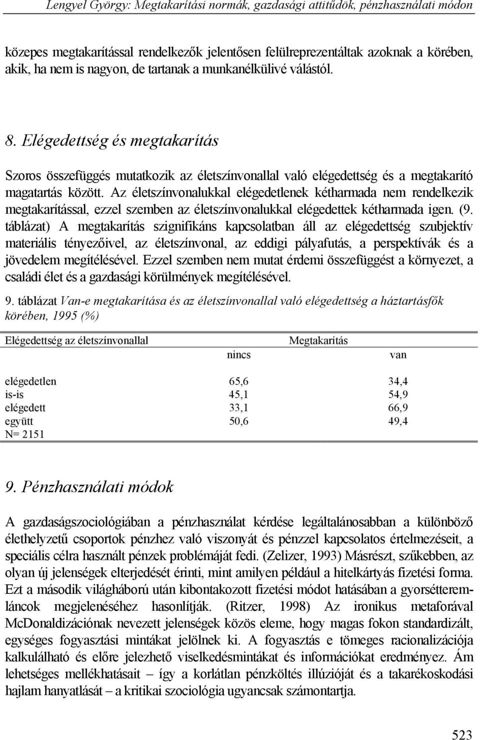 Az életszínvonalukkal elégedetlenek kétharmada nem rendelkezik megtakarítással, ezzel szemben az életszínvonalukkal elégedettek kétharmada igen. (9.